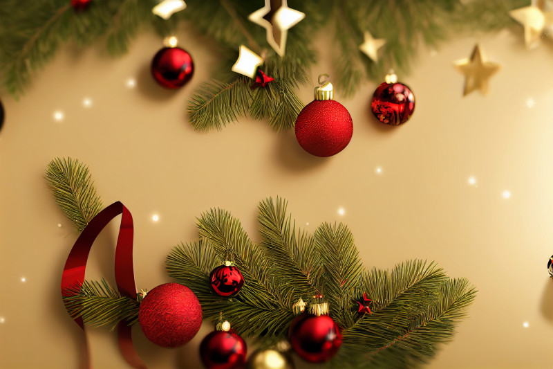 Red Christmas Balls and Fir Tree Branches Top View