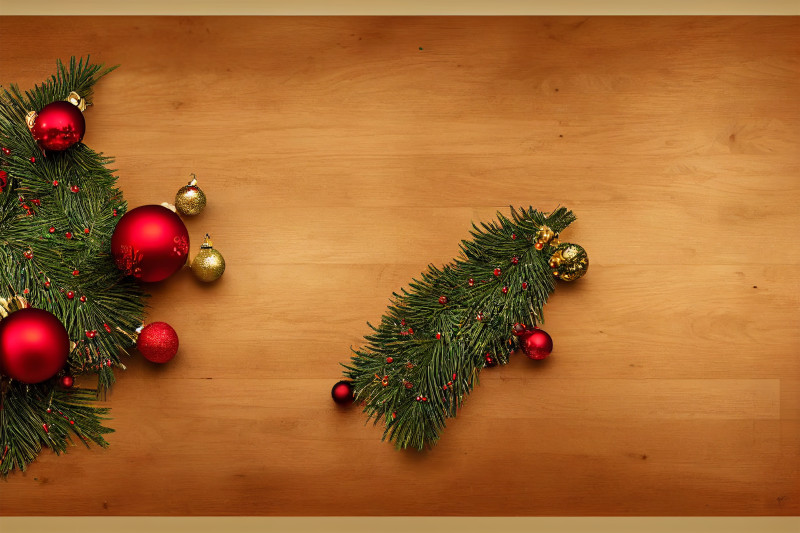 Red Christmas Balls and Fir Tree Branches Top View Image