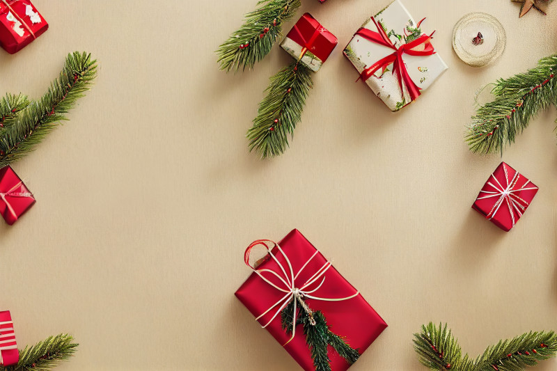 Christmas Gifts and Fir Tree Branches Top View