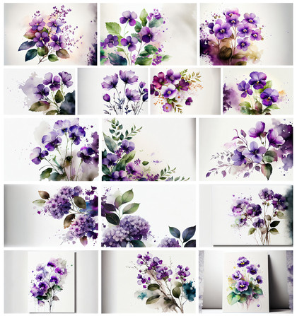 Enchanting Free Watercolor Violet Flowers: A Blooming Collection on White Backgrounds