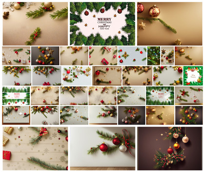 Festive Delight: 35 Top-View Christmas Balls and Fir Tree Branches for Your Winter Wonderland Creations