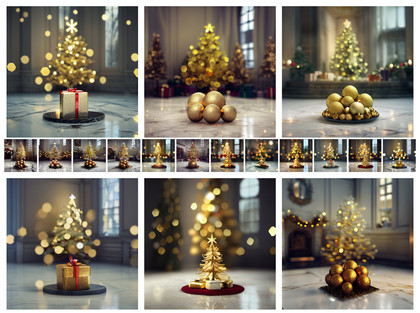 Captivating Elegance: 18 Golden Christmas Trees with Ball Ornaments on Marble Floor