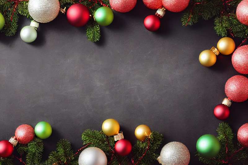 Christmas Card Background with Fir Branches and Ball Ornaments