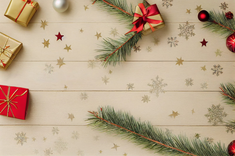 Christmas Presents and Fir Tree Branches Top View