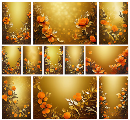 Radiant Harmony: 11 Orange Flower on Gold Card Backgrounds – Your Free Design Resource