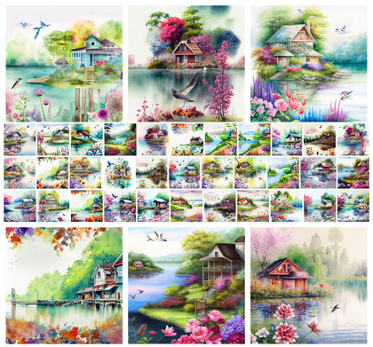 Serene Watercolor Lake House Landscapes: Elevate Your Creations with Free High-Resolution Images
