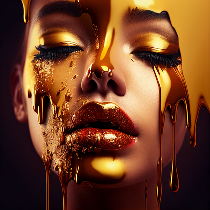 Girl Face on Gold Paint Dripping