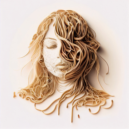 Woman Face Covered with Noodles