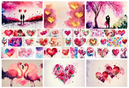 Artistic Watercolor Hearts Embrace Loves Colors