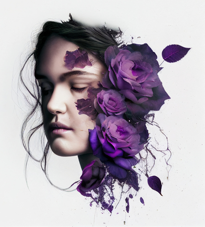 Beautiful Woman with Purple Rose Flowers Image