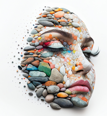 Woman Face Covered with Pebbles