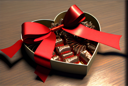 A Heart Shaped Box of Chocolates with a Red Ribbon Bow