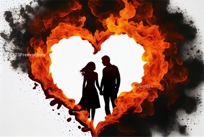 Fire Heart Shape and Couple White Background