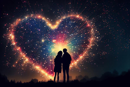A Couple Cuddling in Front of a Heart Shaped Fireworks