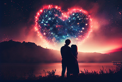 A Couple Cuddling in Front of a Heart Shaped Fireworks