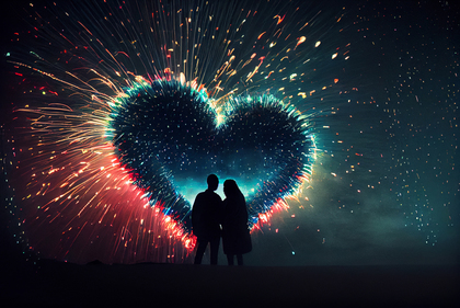 A Couple Cuddling in Front of a Heart Shaped Fireworks