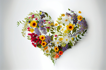 Colorful Flowers Heart Shape White Background