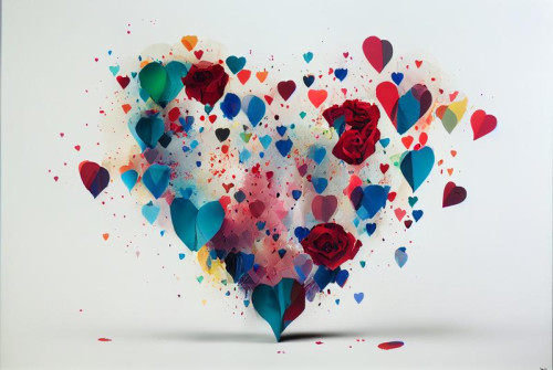 Exploded Color Paper Heart Shape White Background