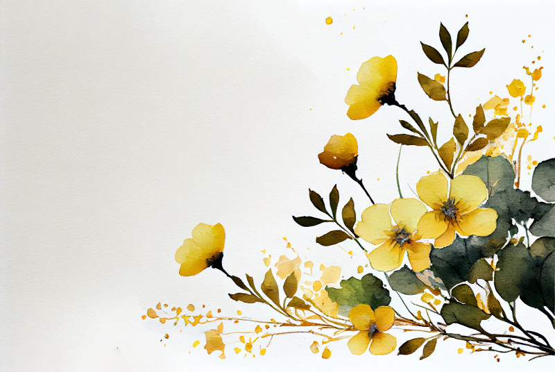 Watercolor Yellow Flower on White Card Background
