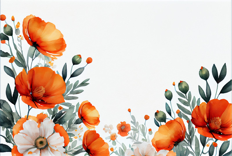 Watercolor Orange Flower on White Card Background