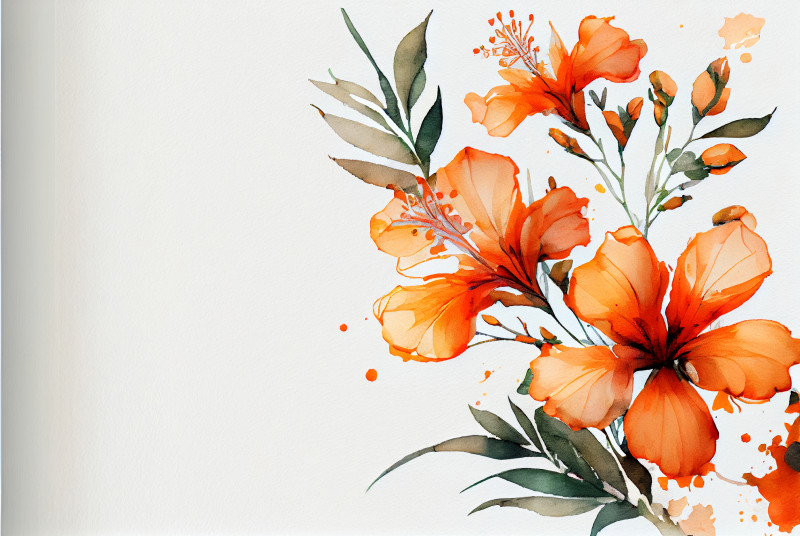 Watercolor Orange Flower on White Card Background