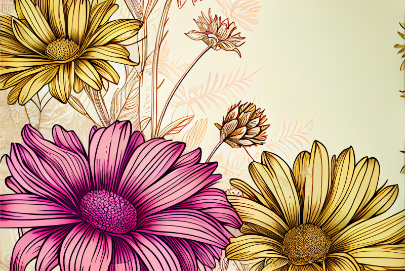 Line Art Pink and Yellow Flower Background Image