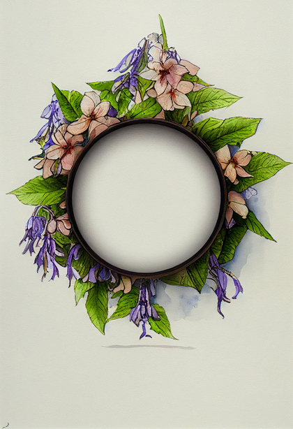 Watercolor Spring Flower Circle Frame with Green Leaves Image