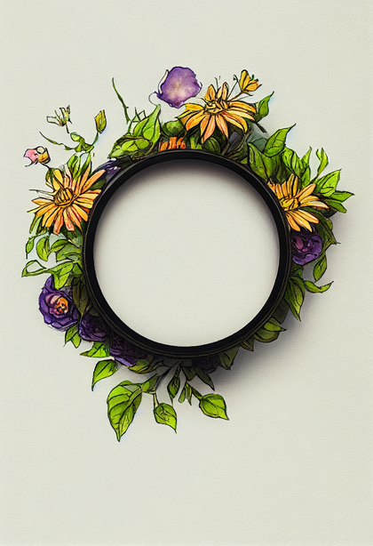 Watercolor Spring Flower Circle Frame with Green Leaves Design