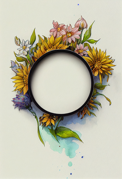 Watercolor Spring Flower Circle Frame with Green Leaves