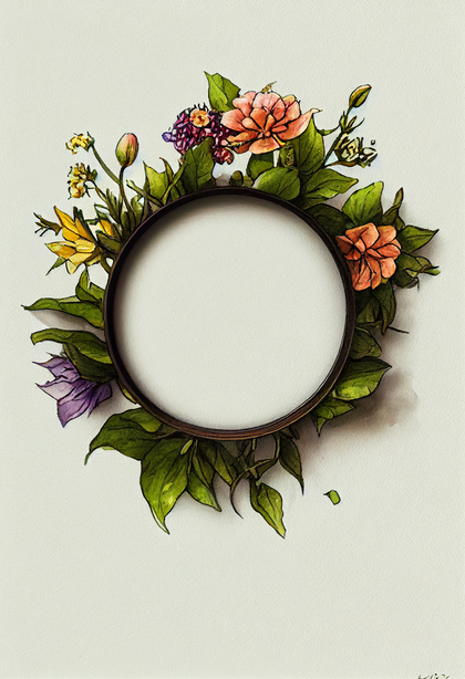 Watercolor Spring Flower Circle Frame with Green Leaves Design