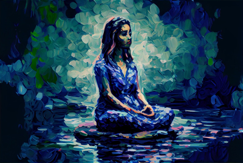 Woman Meditating in Forest Painting