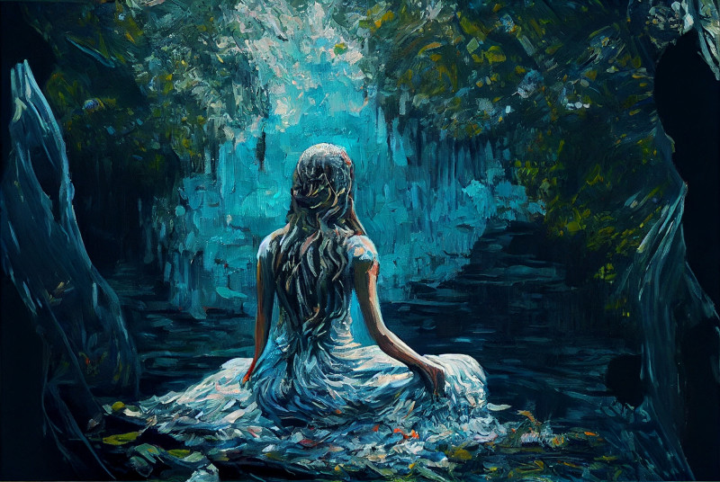 Woman Meditating in Forest Impasto Oil Painting