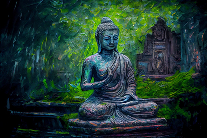 Buddha Meditating in Forest Impasto Oil Painting