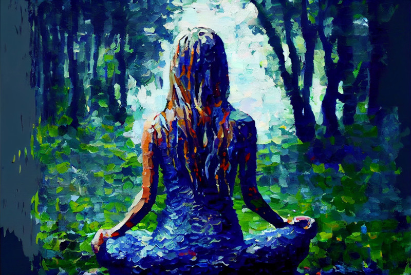 Woman Meditating in Forest Impasto Painting
