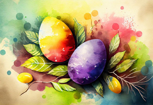 Watercolor Colorful Easter Eggs on Colorful Background