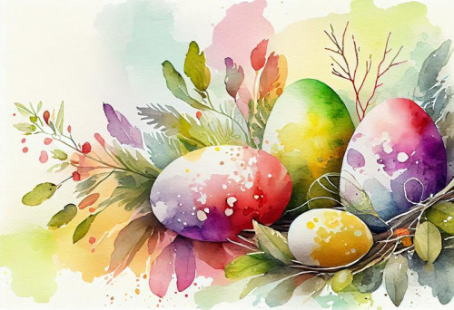 Watercolor Colorful Easter Eggs on Colorful Background