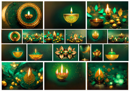 Embrace the Glow: Green Diwali Greeting Cards with Golden Diya Lamps