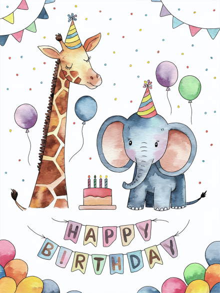 Watercolor Illustration of Giraffe and Elephant with Birthday Cake and Balloons
