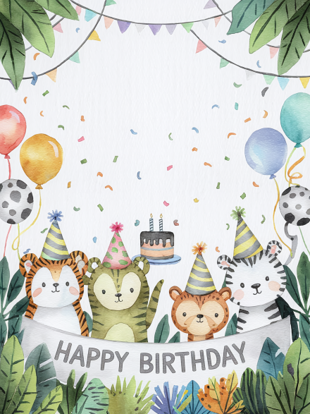 Watercolor Illustration of Jungle Animals Celebrating a Birthday