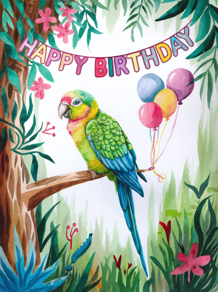 Watercolor Parrot Birthday Card