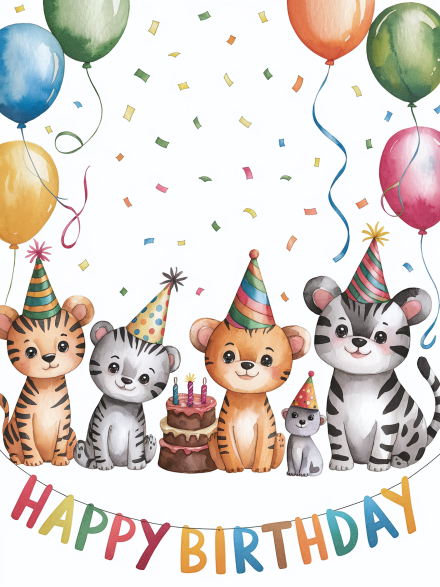 Watercolor Happy Birthday Card with Cute Animals