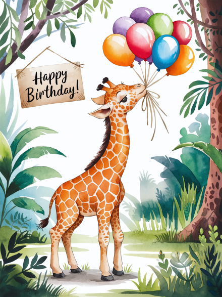 Watercolor Giraffe Birthday Illustration