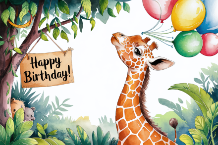 Happy Birthday Giraffe Watercolor Illustration