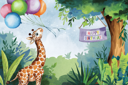 Watercolor Illustration of Baby Giraffe with Balloons for Birthday