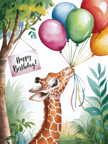Watercolor Illustration of Giraffe with Balloons for Birthday Card