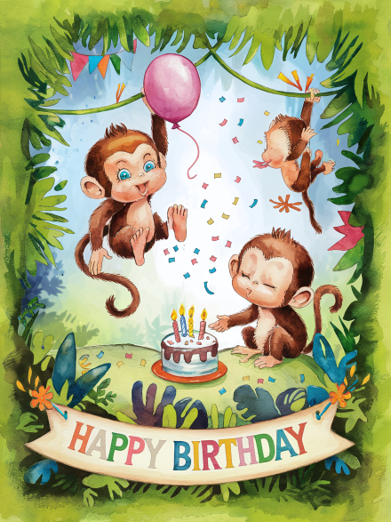Watercolor Illustration of Monkeys Celebrating a Birthday