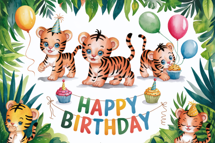 Watercolor Jungle Tiger Birthday Party Illustration