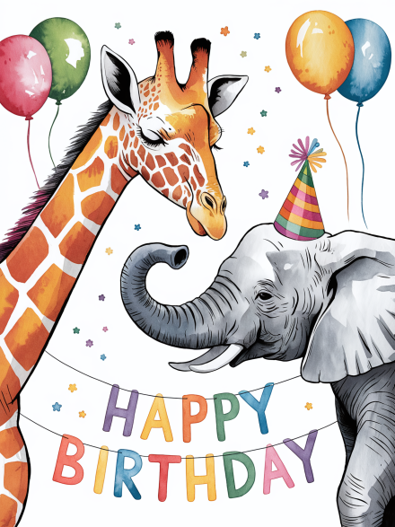 Watercolor Giraffe and Elephant Birthday Card