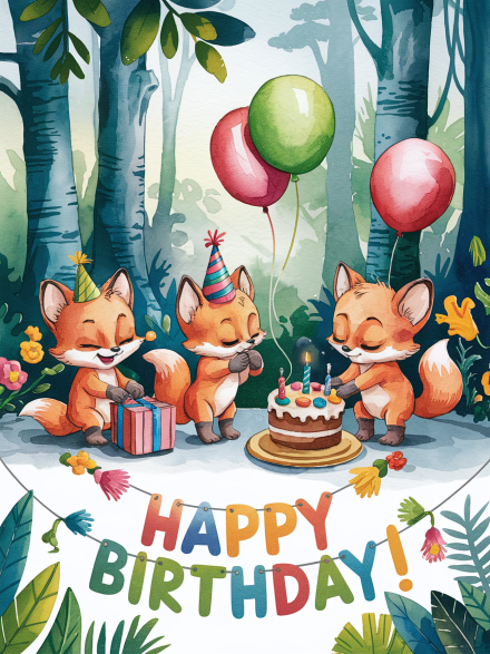 Happy Birthday Foxes Party Watercolor Illustration