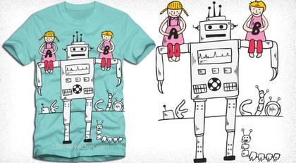 Cute Cartoon Children Playing with Robot T-Shirt Design Vector